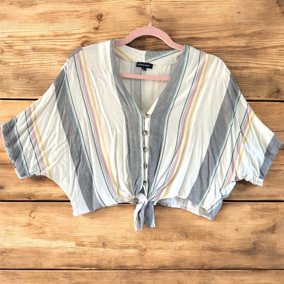 Style Envy Cropped Colorful Striped Button-Down Tie Front Blouse Single Stitch S - Picture 1 of 16